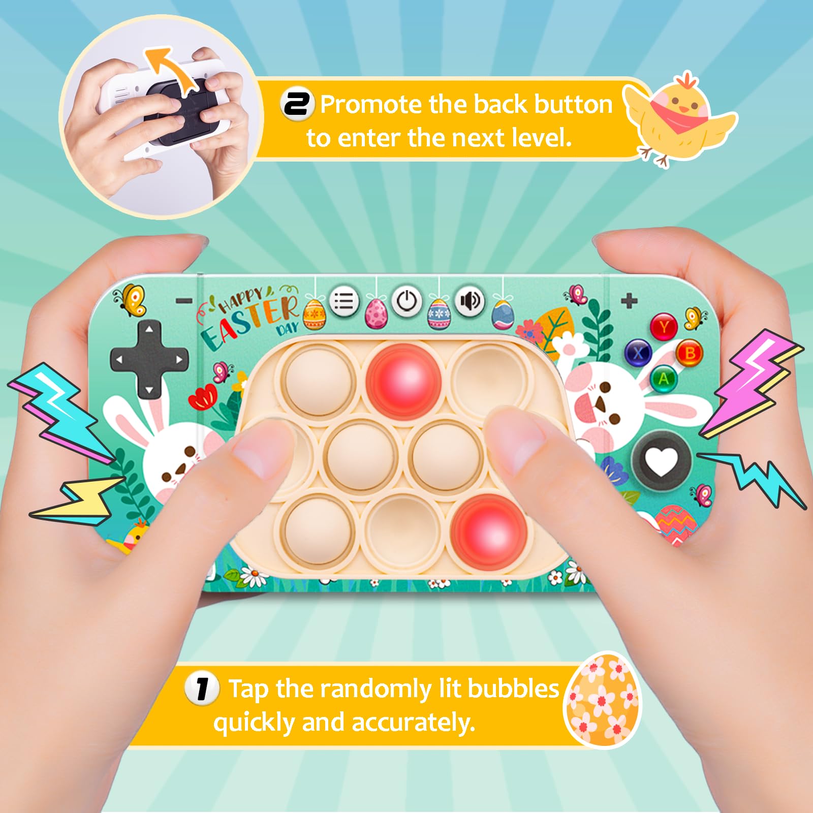 Exun Easter Quick Push Game Fidget Toys, Easter Basket Stuffers, Handheld Puzzle Pop Game Machine Sensory Bubble Stress Toy | Happy Easter Egg Bunny Chick Design for Kids Boys Girls