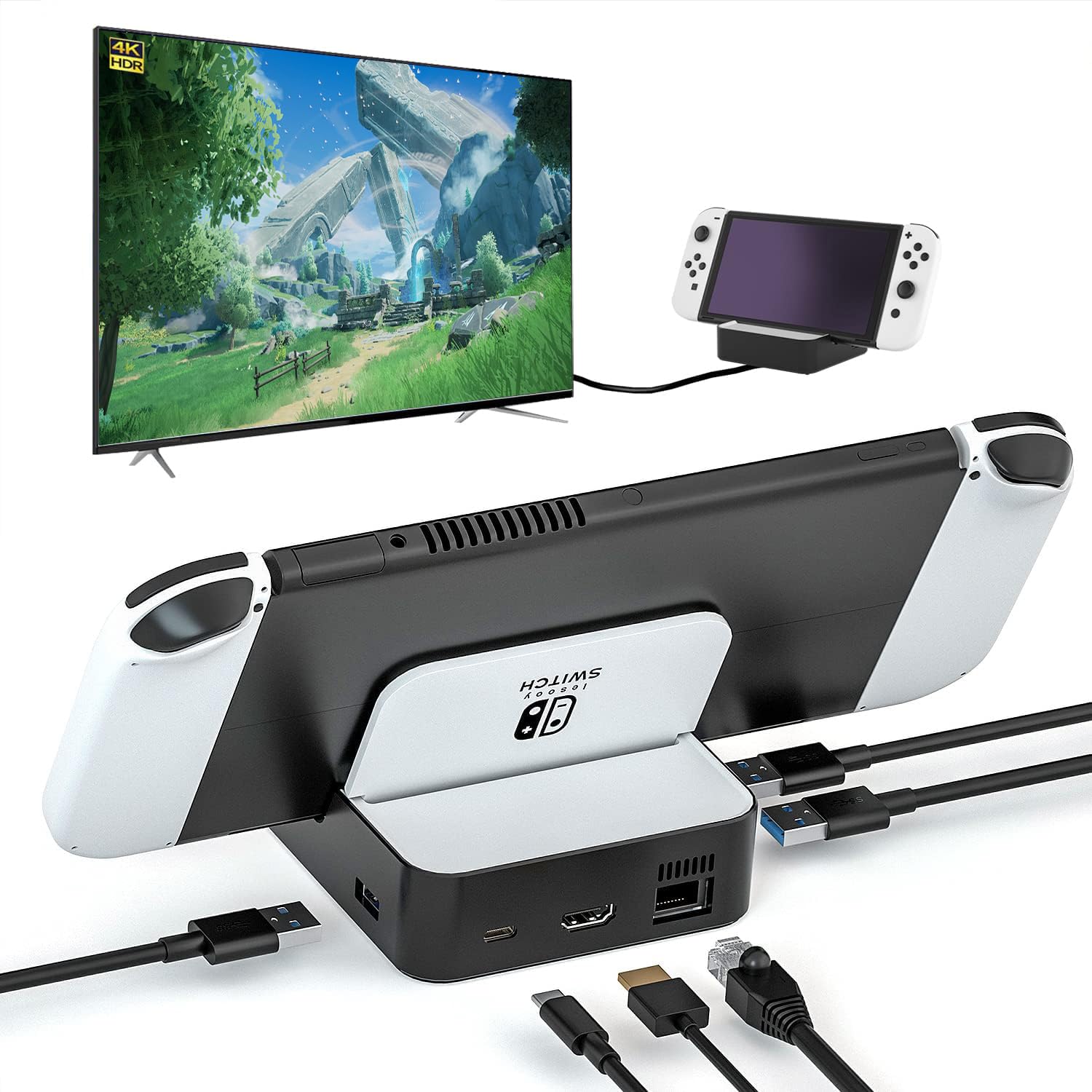 TV Docking Station for Nintendo Switch/Nintendo Switch OLED Model, 6-in-1 Switch Dock with HDMI 2.0, 100Mbps Ethernet, 2 USB-A 2.0, 1 USB 3.0,100W USB-C Charging Port, Supports YouTube On TV