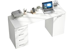 HOMCOM Computer Desk with Drawers, 140 cm Home Office Desk with Cabinet and Adjustable Shelf, Modern Study Writing Table for 