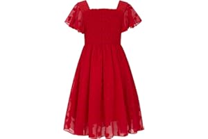 Kids4ever 6-12T Girls Chiffon Dress with Solid Pom Poms & Flutter Ruffle Short Sleeve Kids Lace Square Neck Frocks