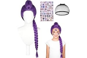 Anime Costume Purple Wig for Girls, Rumi Wig Long Purple Base Wig with Purple Braid Ponytail Clip, Kids Anime Pop Singers Cos