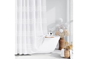 Dynamene White Fabric Shower Curtain, Tufted Chenille Striped Textured Cloth Shower Curtain for Bathroom, Modern Farmhouse Shabby Chic Waterproof Shower Curtain Set with Hook, Machine Washable, 72x72