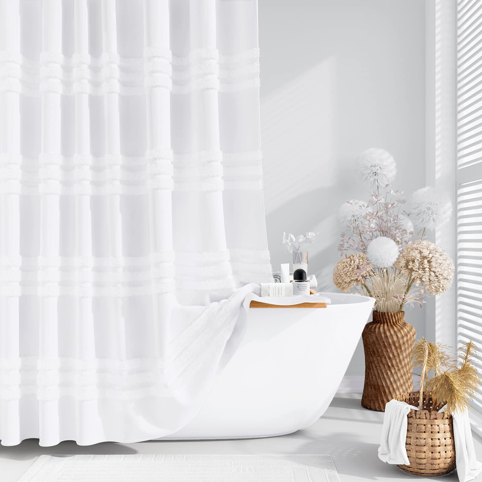 Photo 1 of Dynamene Long Fabric Shower Curtain - 72x78 Inch Textured Tufted Chenille Striped Tall Cloth Shower Curtains for Bathroom Decor, Large Hotel Spa Luxury Waterproof Shower Curtain Set with Hook, White