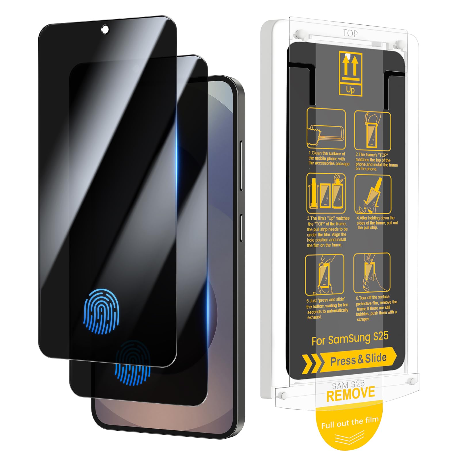 Photo 1 of Ruky for 2 Pack Samsung Galaxy S25 / S24 Privacy Screen Protector, [Fingerprint Support] - Easy Installation with Pull Strip Alignment Frame, Bubble-Free Tempered Glass Film for Galaxy S25 / S24 6.2 inch