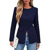 Lazysmile Blazers for Women Long Sleeve Crewneck Button Down Suit Jackets Work Office Business Casual Outfits with Pockets