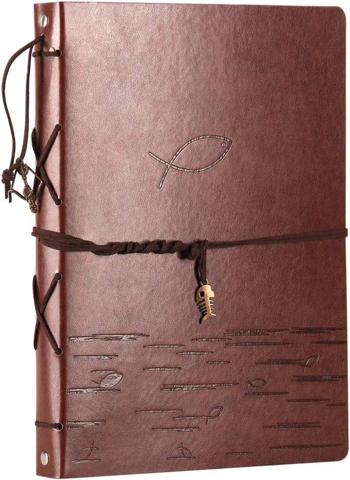 VEESUN Baby Photo Album Scrapbook, Vintage Leather Scrap Book Refillable Black Pages Memory Book Guest Book, Holy Communion Gifts for Girls Boys Birthday Presents for Kids, Fish, Brown