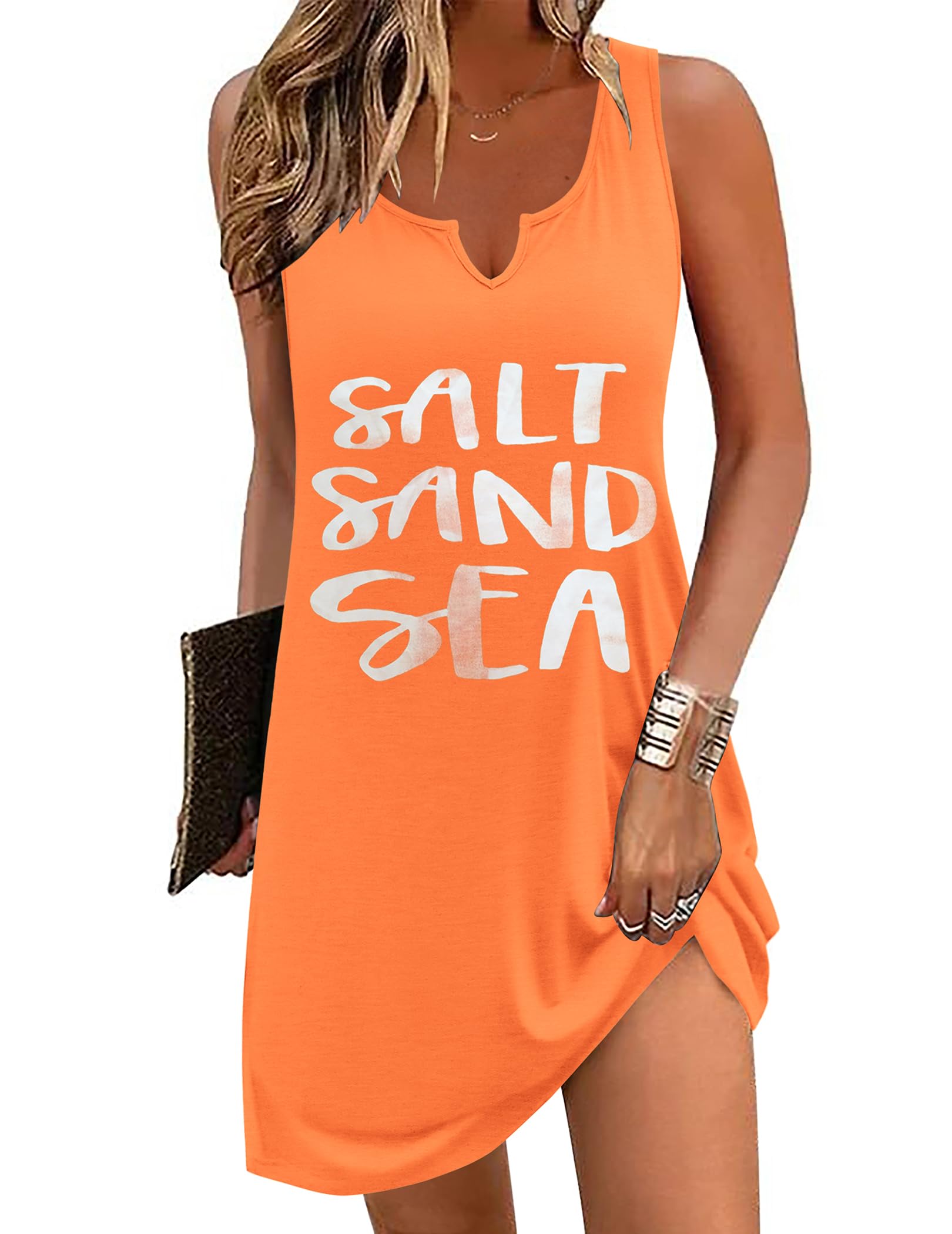 Photo 1 of Ekouaer Women's Tank Nightgown V Neck Sleepshirts Soft Sleeveless Chemise Nightdress S-XXL, Orange Letter, X-Large