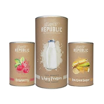 HARVEST REPUBLIC Protein-Shake-Kit, 1x Bio-Whey Protein, 1x Bio-Himbeerpulver, 1x Bio-Rohrzucker