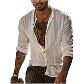 GORGLITTER Men's Linen Button Down Shirt Long Sleeve Textured Henley Collared Boho Vacation Tops