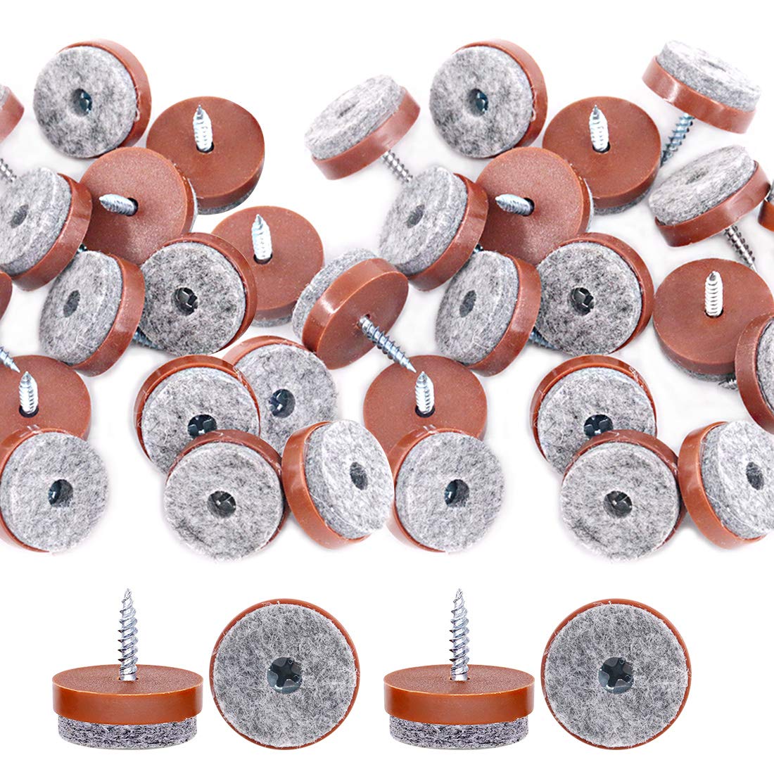 Glarks 52Pcs 24mm Brown Screw-on Furniture Antiskid Felt Pad Slider Floor Protector for Wooden Leg Feet of Chair Table Sofa Stool (52Pcs 24MM)