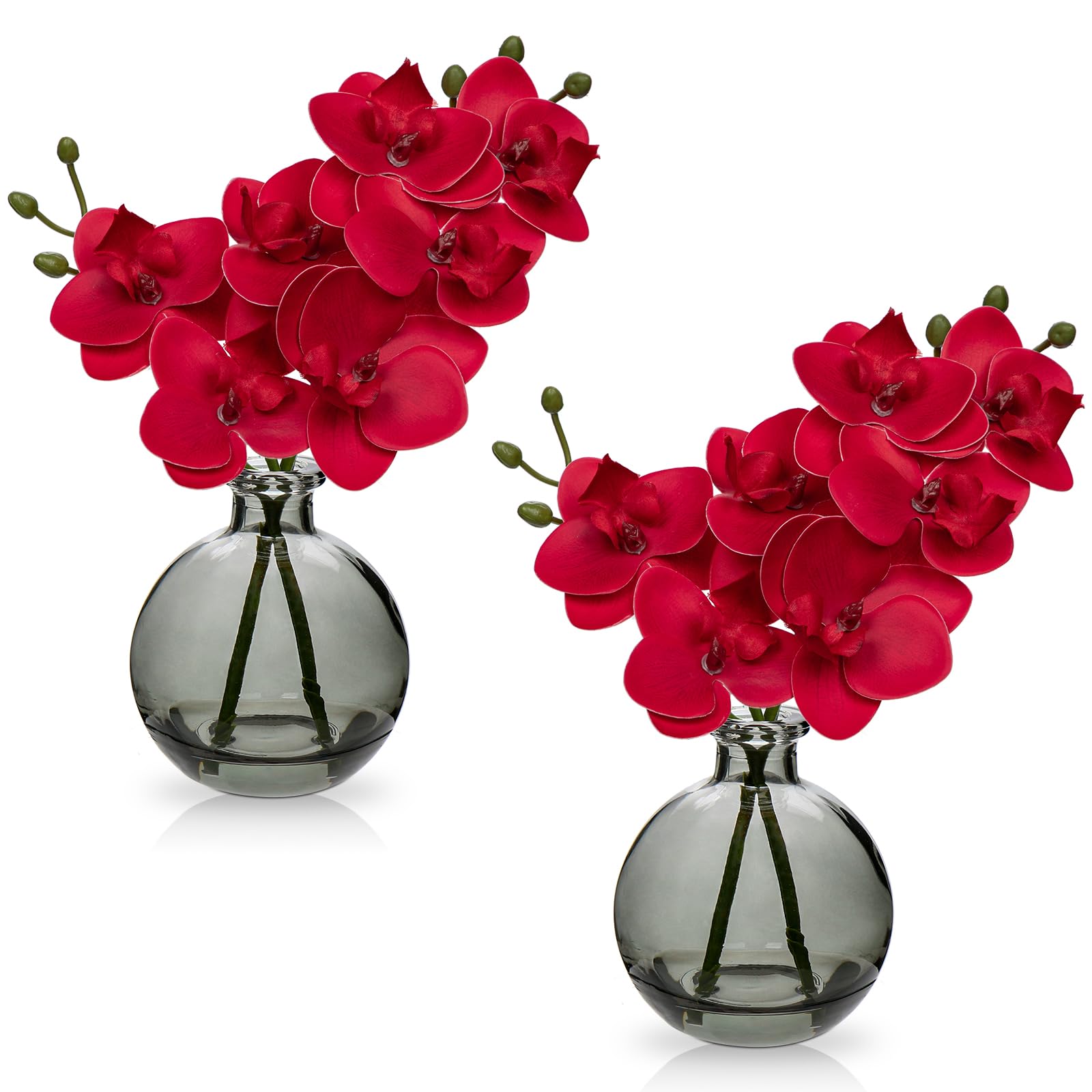 Photo 1 of Red Orchids Artificial Flowers Faux Orchid Arrangement with Clear Glass Vase Set of 2 Real Touch Phalaenopsis Orchid Flowers Orchid Centerpiece for Dining Room Table