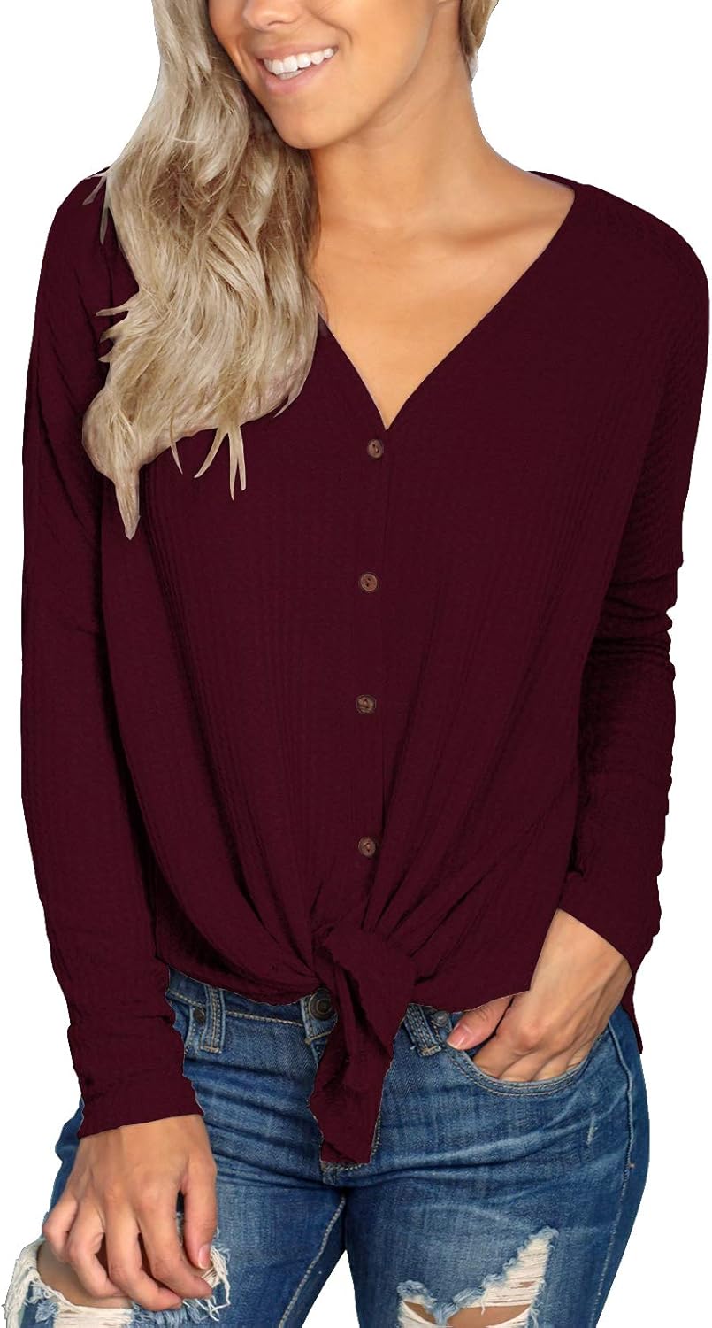 IWOLLENCE Womens Waffle Knit Tunic Blouse Tie Knot Henley Tops Loose Fitting Bat Wing Plain Shirts at  Women’s Clothing store