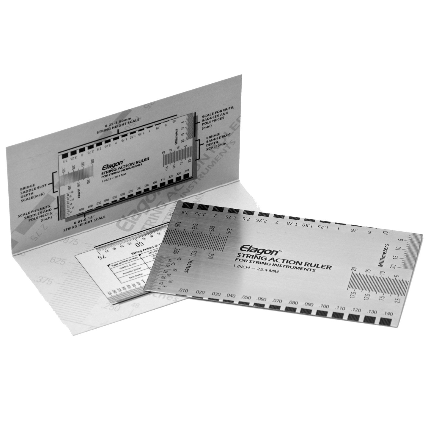String action ruler. Metallic ruler to measure several guitar and string settings for optimum setup and playability. Great Tool For all Electric Guitars and Bass Guitars.