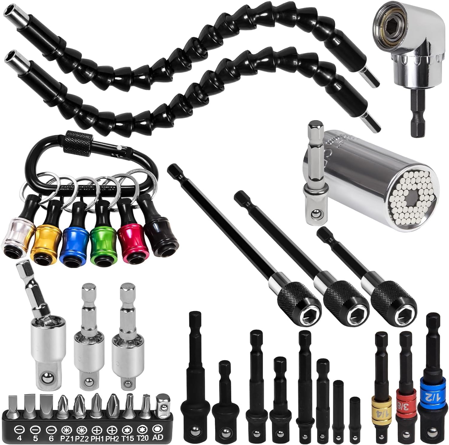 38Pcs Flexible Drill Bit Extension Set, Bendable Drill Extension,105° Right Angle Drill Attachment, Rotatable Joint Socket 1/4 3/8 1/2 Inch Hex Socket Adapter, Screwdriver Bit Kit & Bits Holder