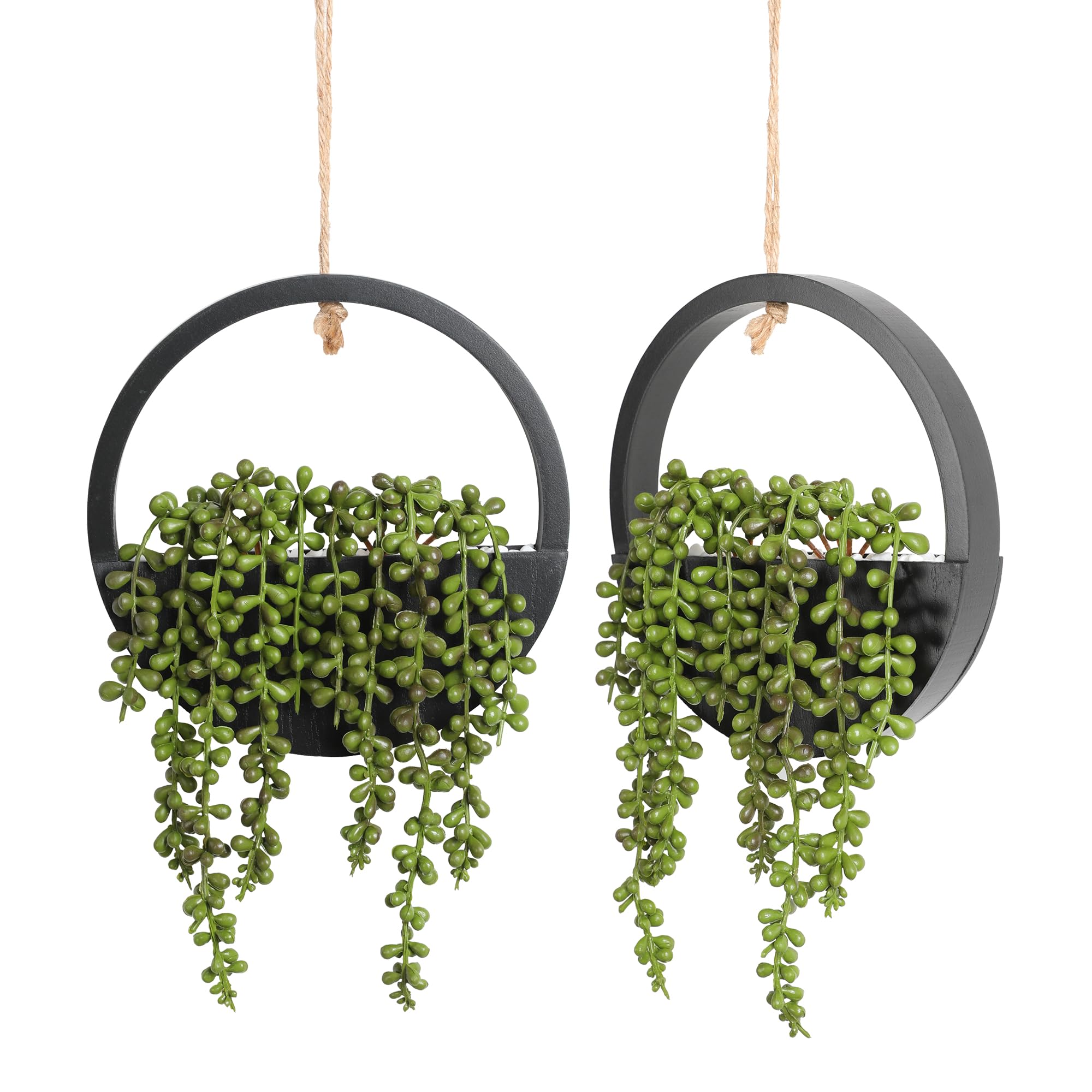 Floweroyal 2pcs Artificial Succulents Hanging Plants 12.2'' Fake String of Pearls in Pot with 8.3'' Lanyard for Indoor Outdoor Wall Decor (Black).