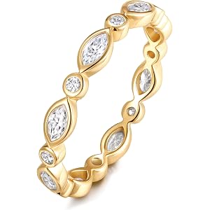 5A Cubic Zirconia Eternity Band for Women, Solid 925 Sterling Silver, Yellow Gold Plated, Oval/Evil Eye Stackable Ring, Anniv