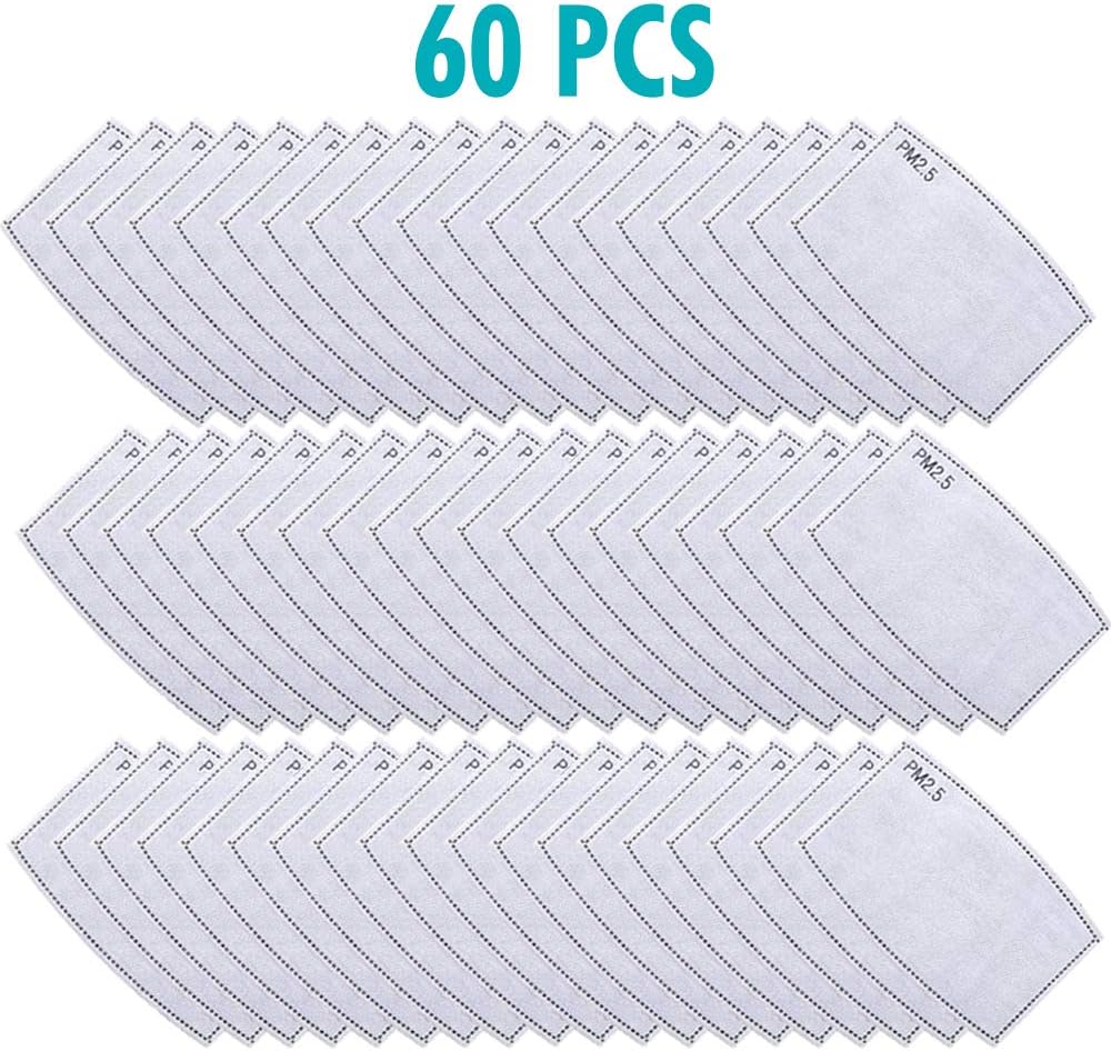 OUBA 60 PCS PM2.5 Activated Carbon Filters Meltblown Non-Woven Cloth 5 Layers Filters for Women Mens Children Black Cotton Adjustable Reusable Breathing Anti Dust