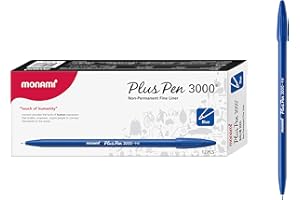 MONAMI Plus Pen 3000 Felt Tip Pens, Fine Point (0.4mm), Fine Liner, Writing/Journaling/Note Taking at home, school and office, Blue, 12-Count