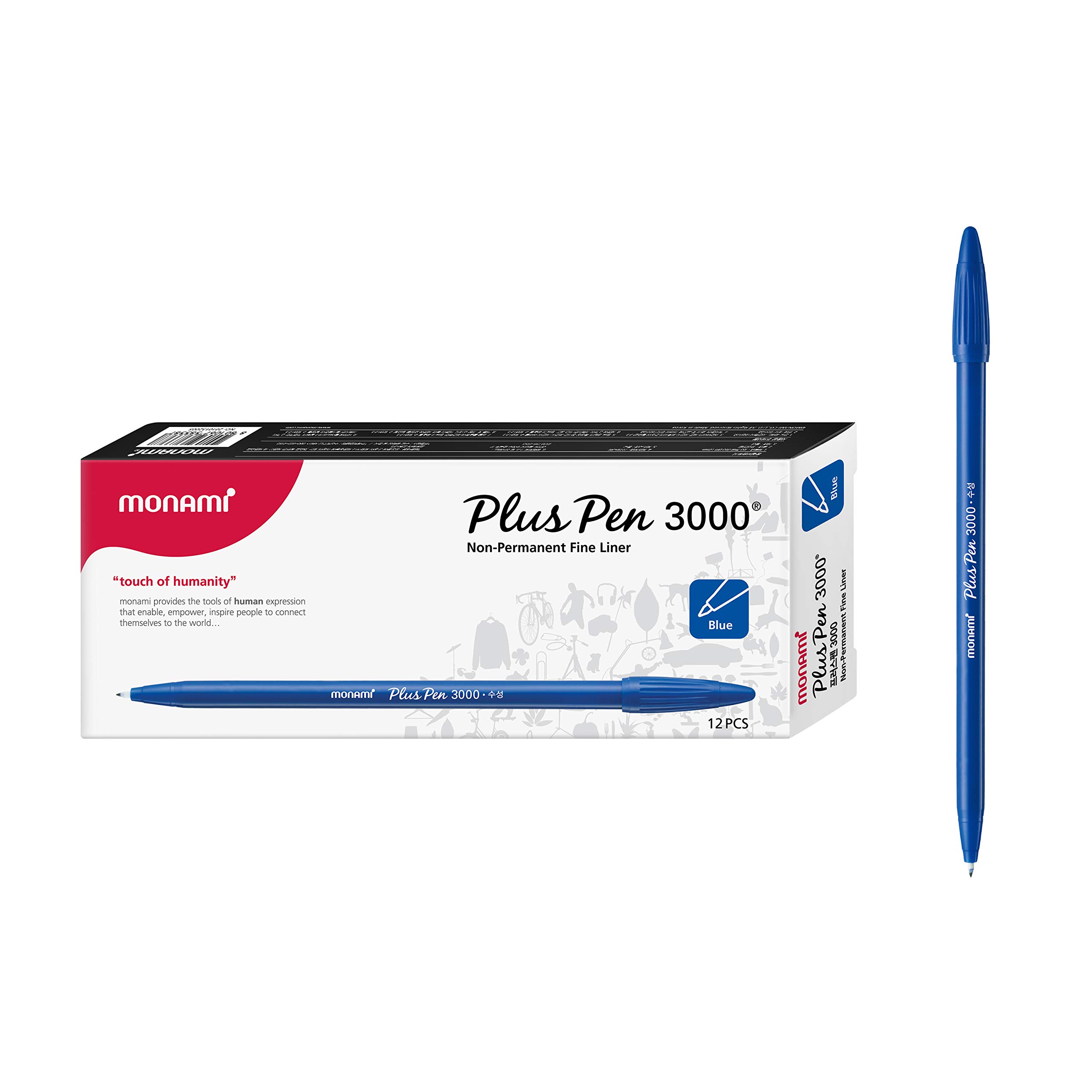 Monami Plus 3000 Office Sign Pen Felt Tip Water Based Ink Color Pen Complete Blue Dozen Box by Monami