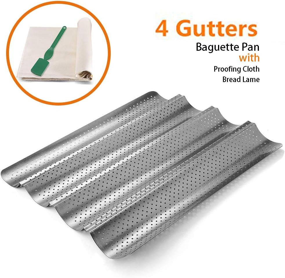 Perforated Baguette Pan, QUIENKITCH 3PCS/set Food Grade Nonstick Coating Baguette Bread Pan 4 Loaves Bake Mold for French Bread Baking, with Professional Bakers Couche Proofing Cloth and Bread Lame