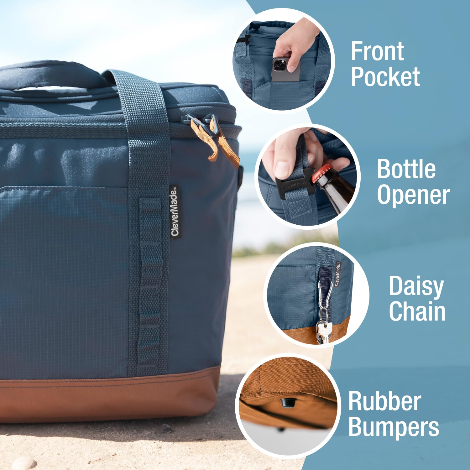 CleverMade Collapsible Insulated Cooler Bag – Leakproof Soft Folding Cooler for Beach, Travel, Car, with Shoulder Strap & Bottle Opener