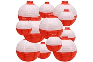 Saihisday 12Pcs Fishing Bobber Paper Lanterns Round Paper Hanging Lanterns, Red and White Paper Chinese Lanterns for Birthday
