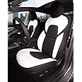 TOYOUN Front Car Seat Covers Custom Fit for Tesla Model 3 2017-2023 Model Y 2020-2024 Car Seat Protector 2PCS,White Black Two Tone Fully Wrapped Farbic Cloth Seat Cover Set for Tesla Model 3/Y