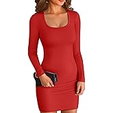 VICHYIE Women Square Neck Ribbed Bodycon Tight Dress Long Sleeve Mid Thigh Pencil Above Knee Dresses