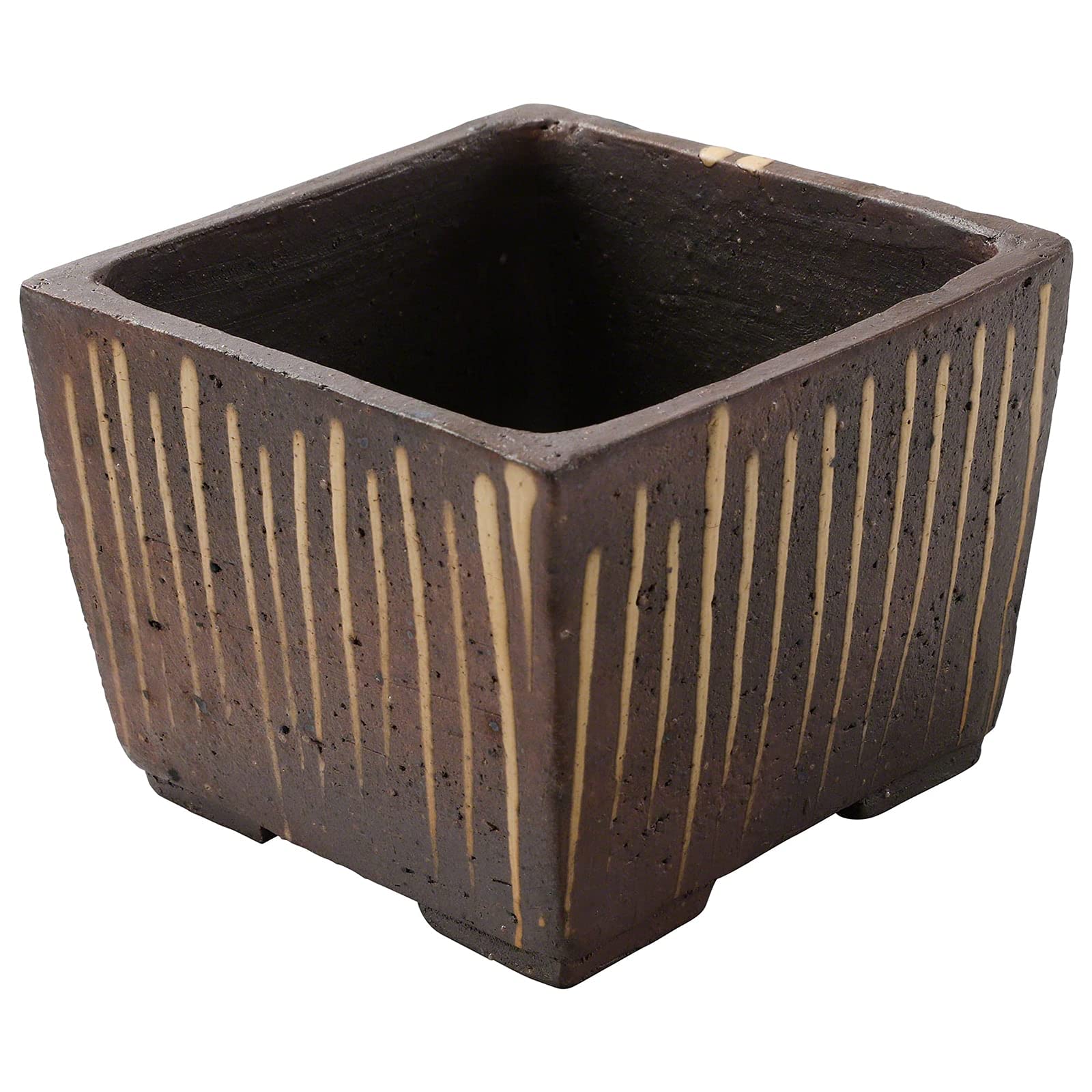 Wazakura Small Handmade Striped Square Bonsai Pot with Drainage Hole 4.1" (105mm) MADE IN JAPAN, Ceramic Garden Container, Decorative Flower Planter, Wire Training Starter Pot - Tokoname Series Brown