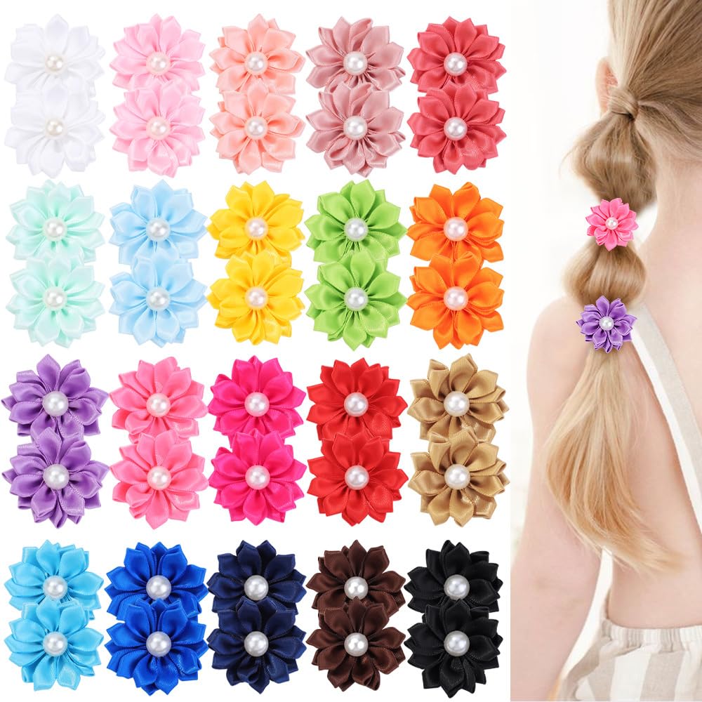 Nishine 1.6" 40pcs 20 Colors in Pairs Baby Girls Hair Ties Mini Flower Hair Bows with Ponytail Holder Hairbands for Infant Toddler Teens