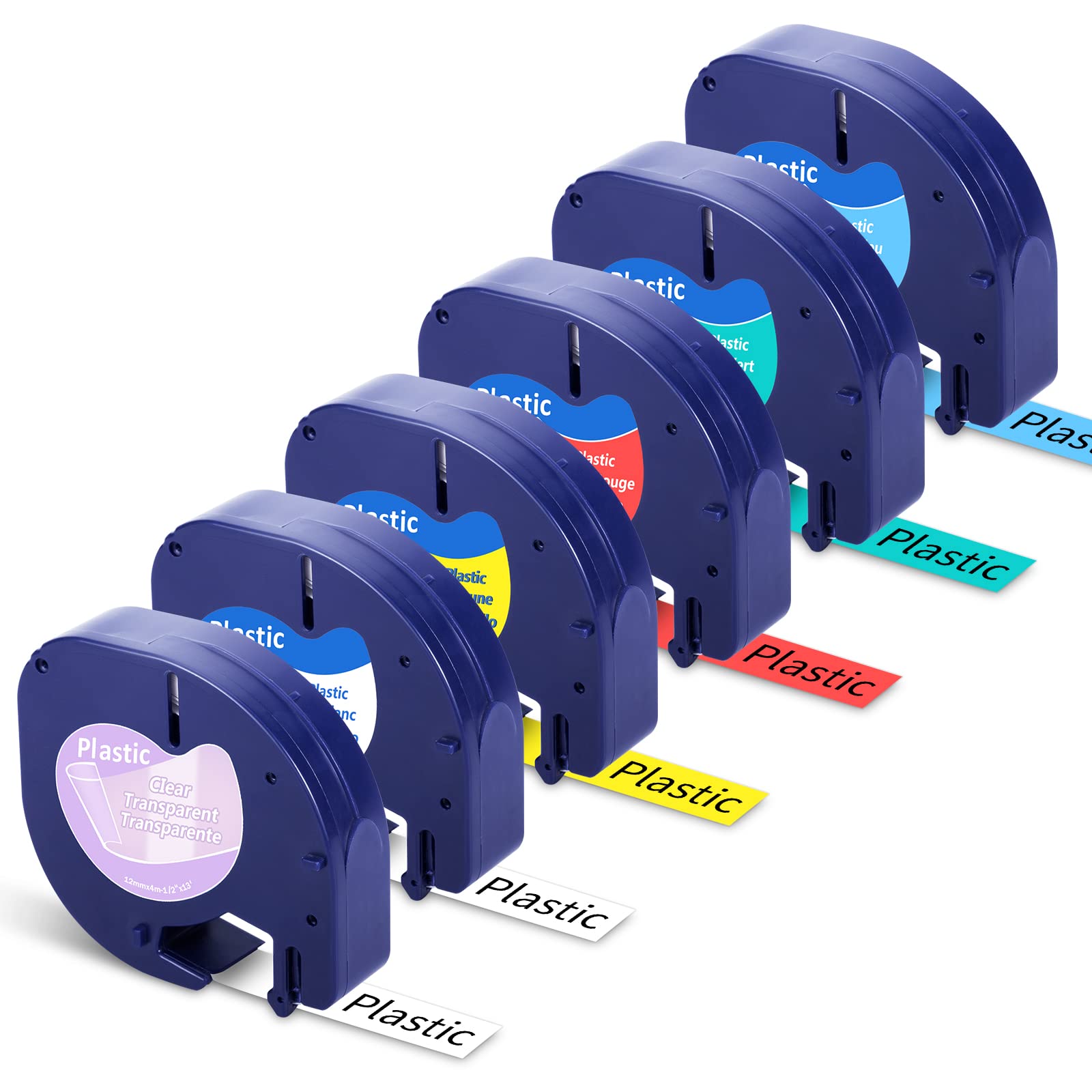 6X Fimax Compatible with Dymo LetraTag Refill Plastic Label Tape, 12mm x 4m for Label Maker LT-100H LT-100T XR, Black on White/Clear/Yellow/Red/Blue/Green 91201 91202 91203 91204 91205 16952