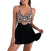 B2prity Women Cutout One Piece Skirt Swimsuit V Neck Wrap Tie Back Swimdress Tummy Control Bathing Suit(Leopard)