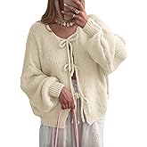 Saodimallsu Womens Tie Front Cardigan Sweaters Cute Bow Puff Long Sleeve 2025 Fall Loose Ribbed Knit Trendy Sweater Tops