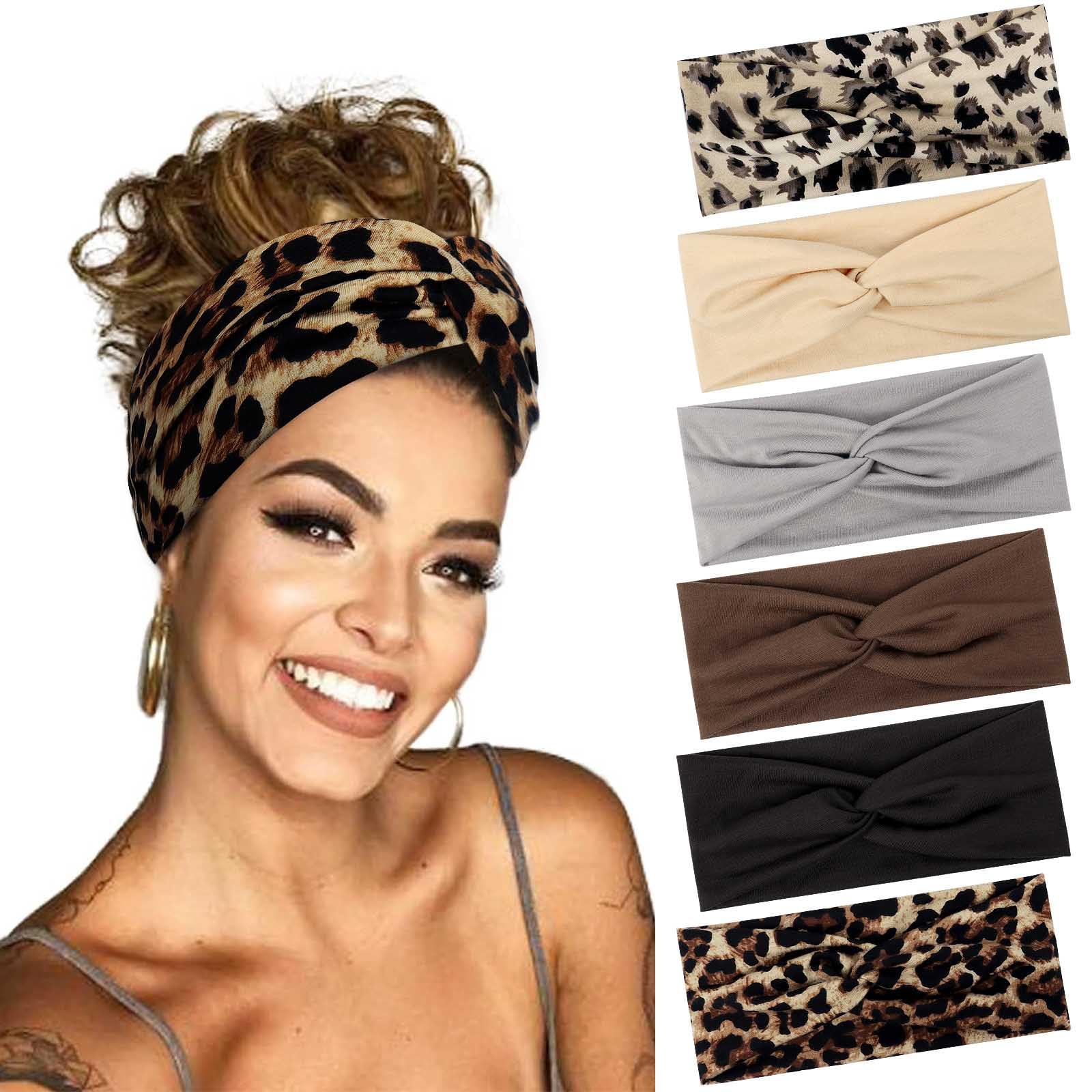 BELEVO Hair Bands for Women, 6 Pcs Elastic Head Bands Boho Wide Soft Ladies Headband, Yoga Sports Hair Accessories for Women (Leopard Print, Solid Color)