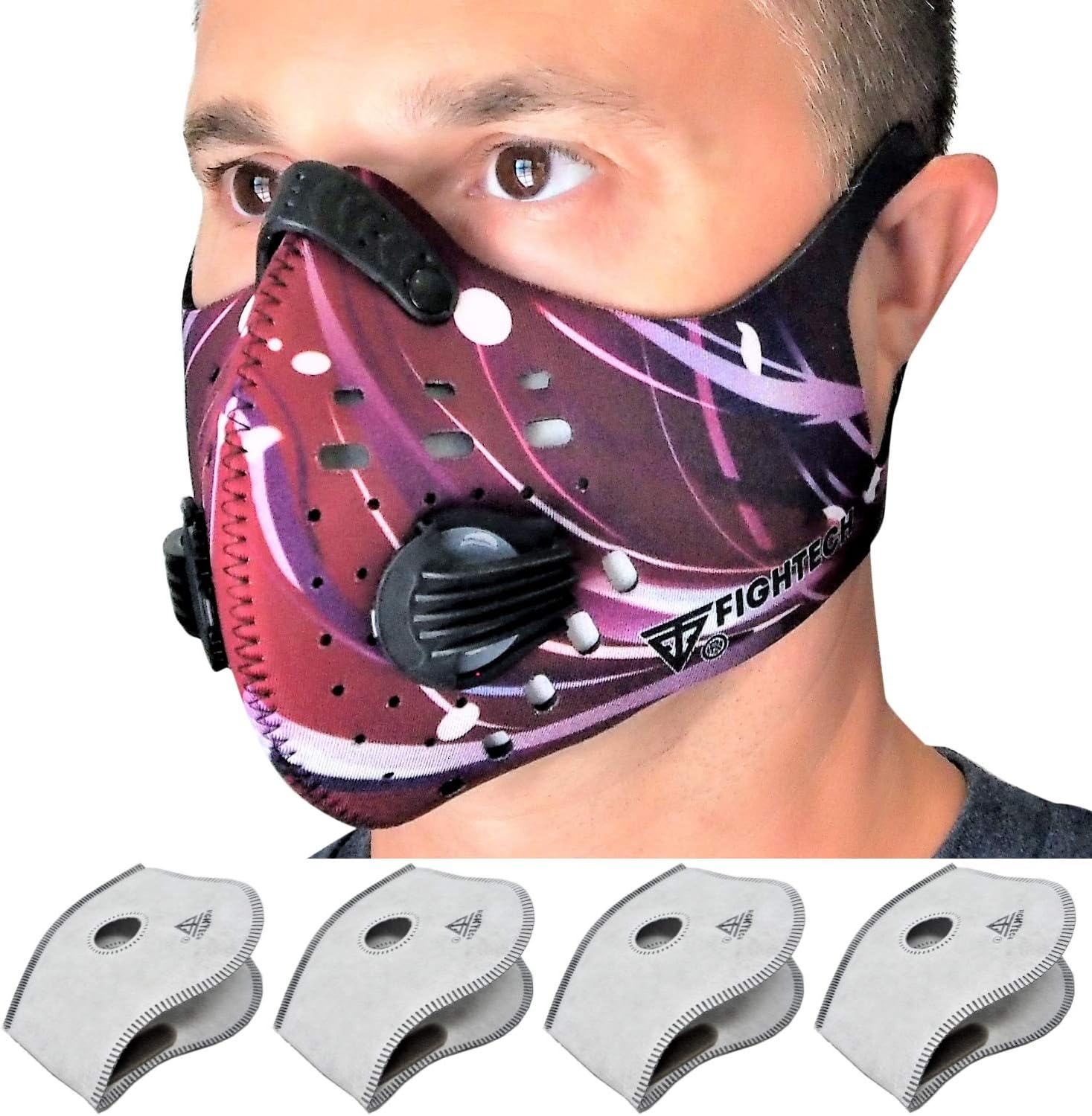 FIGHTECH Dust Mask | Mouth Mask Respirator with 4 Carbon Filters for Pollution Pollen Allergy Woodworking Mowing Running | Washable and Reusable Neoprene Half Face Mask (L/FIRE)
