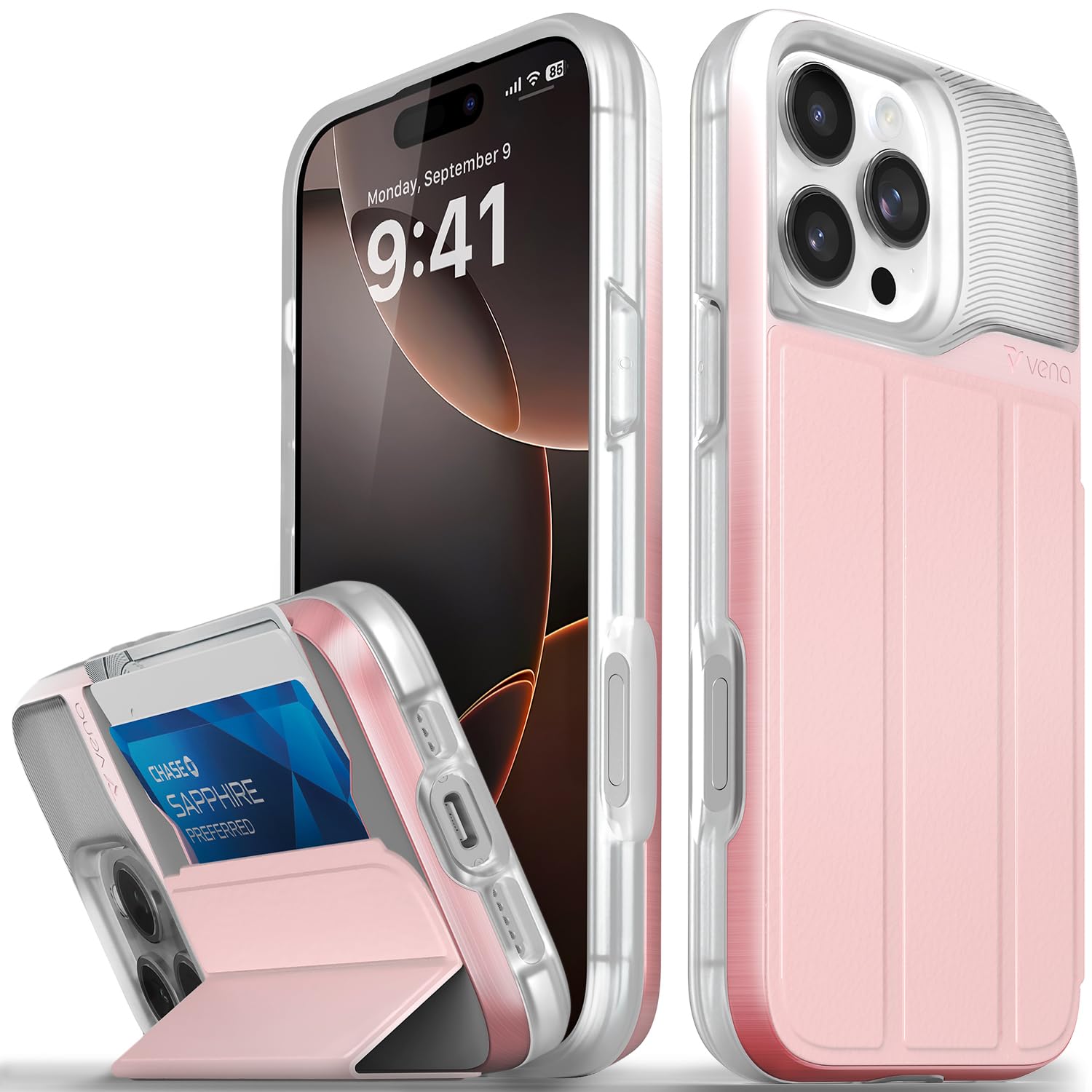 VENA vCommute for iPhone 16 Pro Max Wallet Case, [Military Grade Drop Protection] Flip Leather Cover Slot Card Holder with Kickstand - Pastel Pink