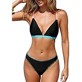 CUPSHE Women's Bikini Sets Two Piece Swimsuit V Neck Crisscross Back Low Rise Stitching Cheeky Bottom