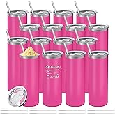 YOUKE OLA 16 Pack Stainless Steel Skinny Tumblers Bulk Straight Double Wall Powder Coated Insulated Tumbler with Lid and Straw for Laser Engrave, DIY Gift, 20oz Pink