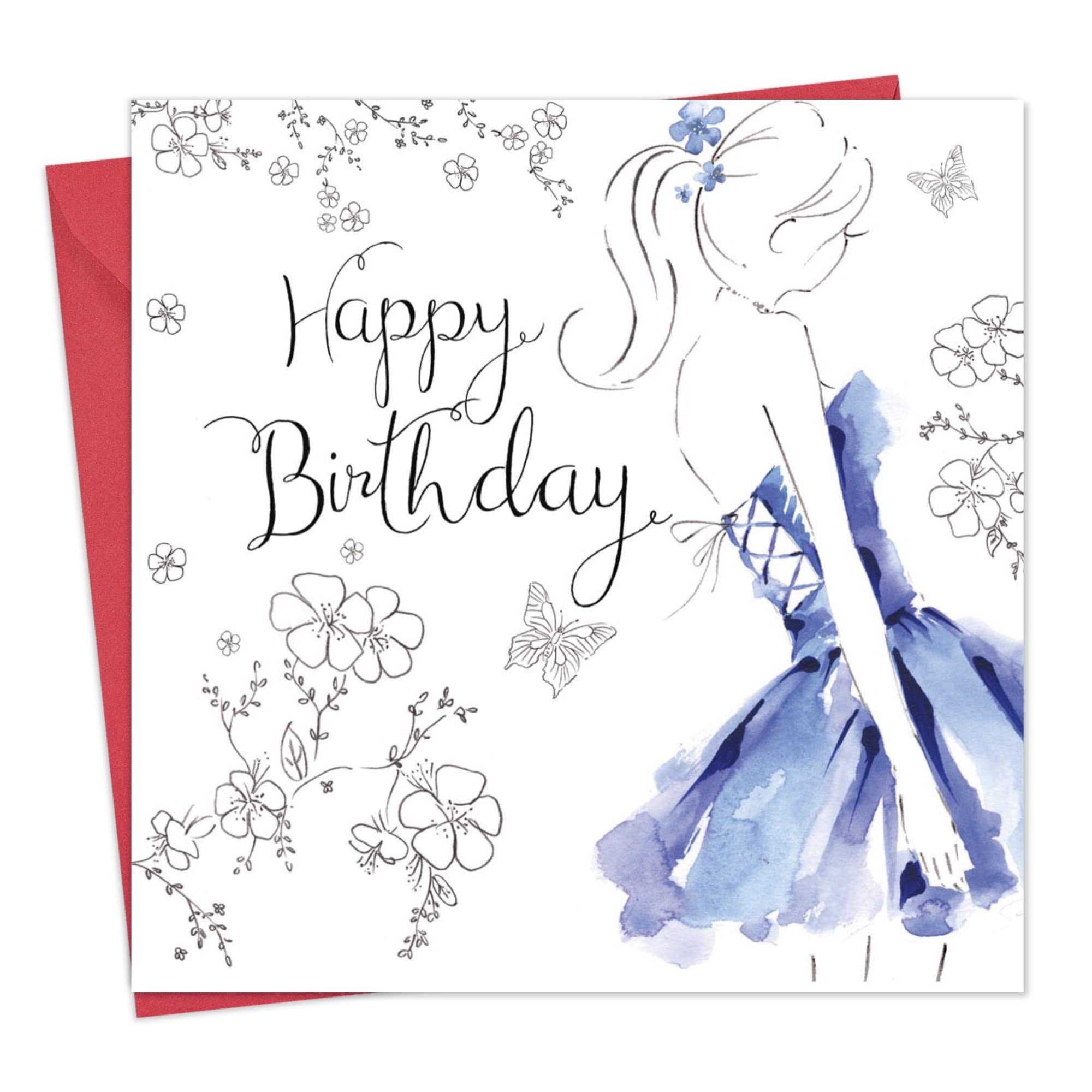 Twizler Happy Birthday Card for Her with Crystal Finish & Watercolour Effect - Party Dress - Female Birthday Card for Women Ladies Daughter Young Lady Teenager