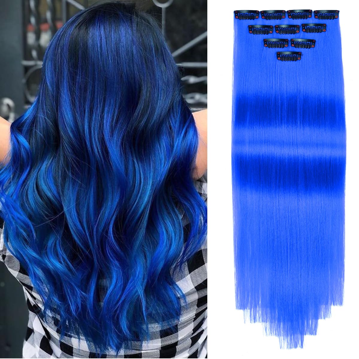 Yamel Colored Hair Extensions 10 Pieces 20 inch Sapphire Blue Clip in Hair Extensions for Women Synthetic Straight Hairpieces for Christmas Costume Party โ image 1