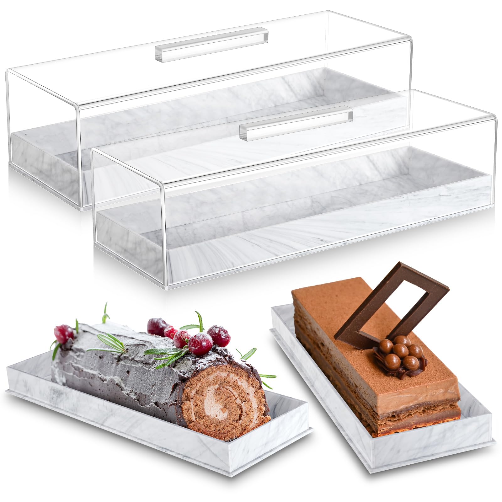 Photo 1 of Dandat 2 Pcs Rectangular Serving Tray with Lid Grey Black Marbleized Grain Rectangular Cake Stand Acrylic Cake Holder Rectangle Pastry Display Case Elegant Marble Dessert Tray with Lid (Grey)