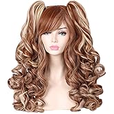ColorGround Long Curly Multi-Color Cosplay Wig with 2 Ponytails(Brown with Blonde)