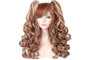ColorGround Long Curly Multi-Color Cosplay Wig with 2 Ponytails(Brown with Blonde)