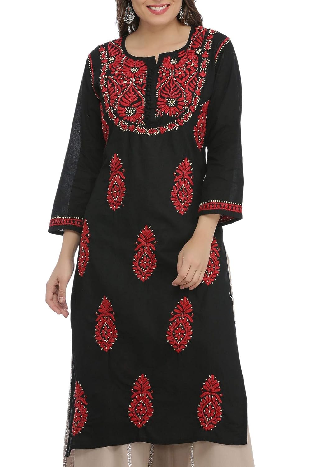 ada hand embroidered lucknow chikan regular wear cotton kurti kurta (a373637_black)