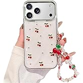DIMEIYA Cute Case for iPhone 16 Plus,Red Cherry Pearls Case, with Phone Charm Chain,Flowers Fruit for Women Girls Designed Shockproof Cover for iPhone 16 Plus -White