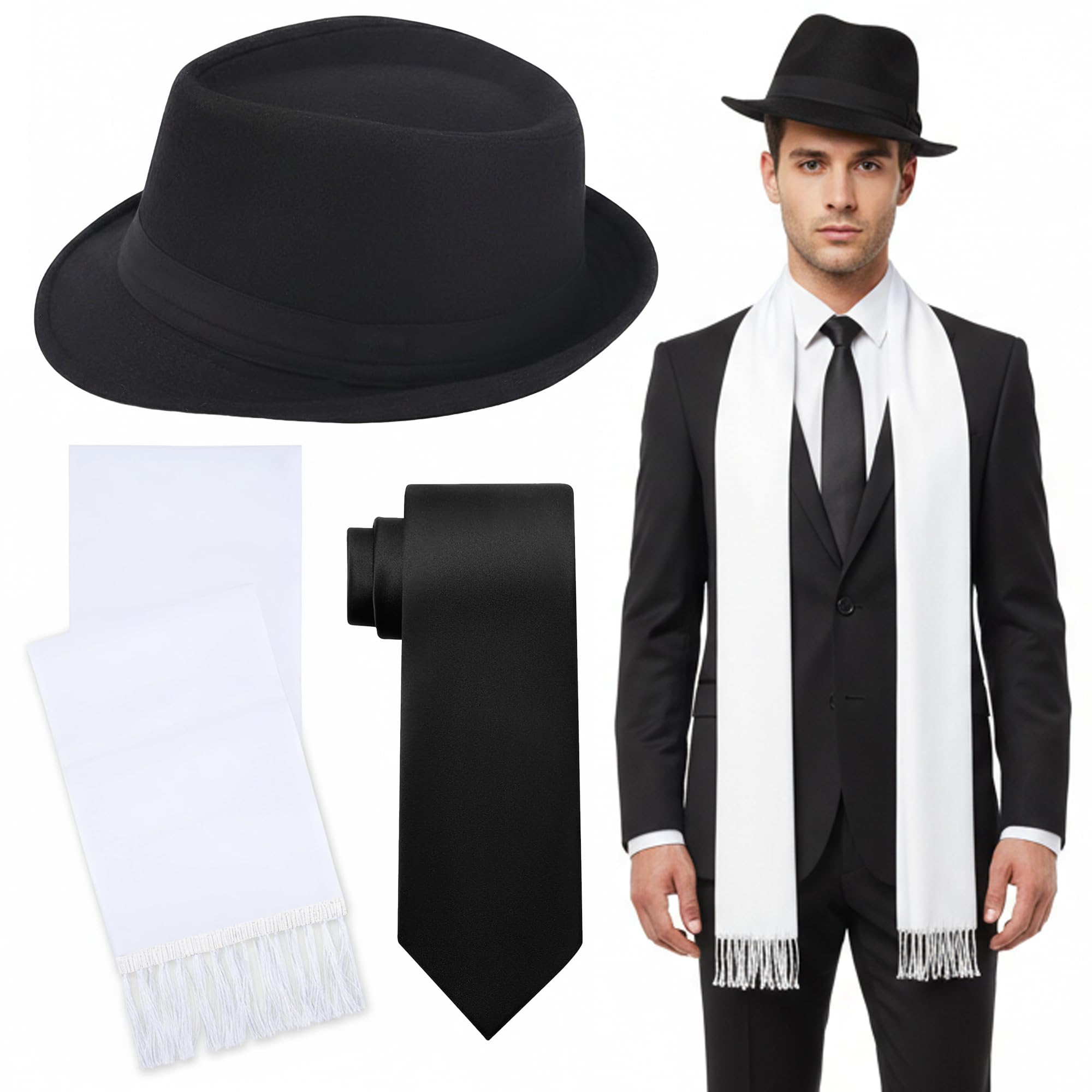 Soireeparty 1920s Fancy Dress Accessories Set - Black Felt Fedora Hat with White Scarf and Black Tie, Vintage Costume Outfit for Men Cosplay Theme Party Halloween Carnival