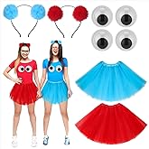 Jecery 2 Set Halloween Blue and Red Monster Costume Accessories Cartoon Monster Tutu Skirts Eyes Stickers and Headbands Decor
