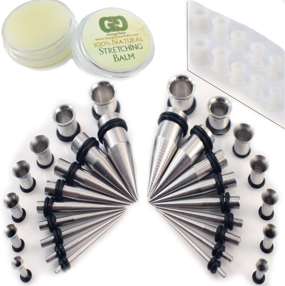 Ultimate Starter Kit 50 Pieces ~ Stainless Steel Tapers ~ Steel Ear Tunnels~ Balm ~ White Silicone Tunnel Set ~ 1.6mm-10mm