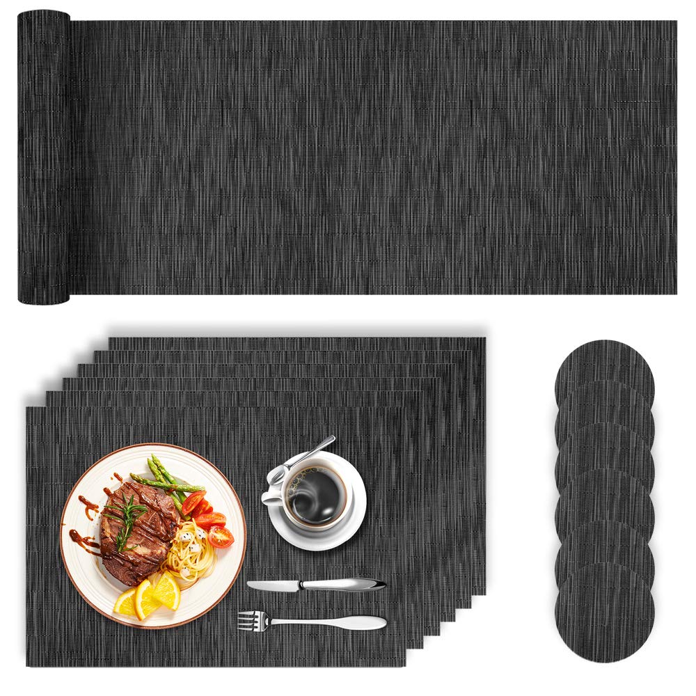 HEYOMART Placemats and Coasters Sets of 6, with 6 x Placemats + 6 x Coasters + 1 x Long Runner Non-Slip Heat Resistant Washable Place Mats for Kitchen Dining Table Home Restaurant, Black