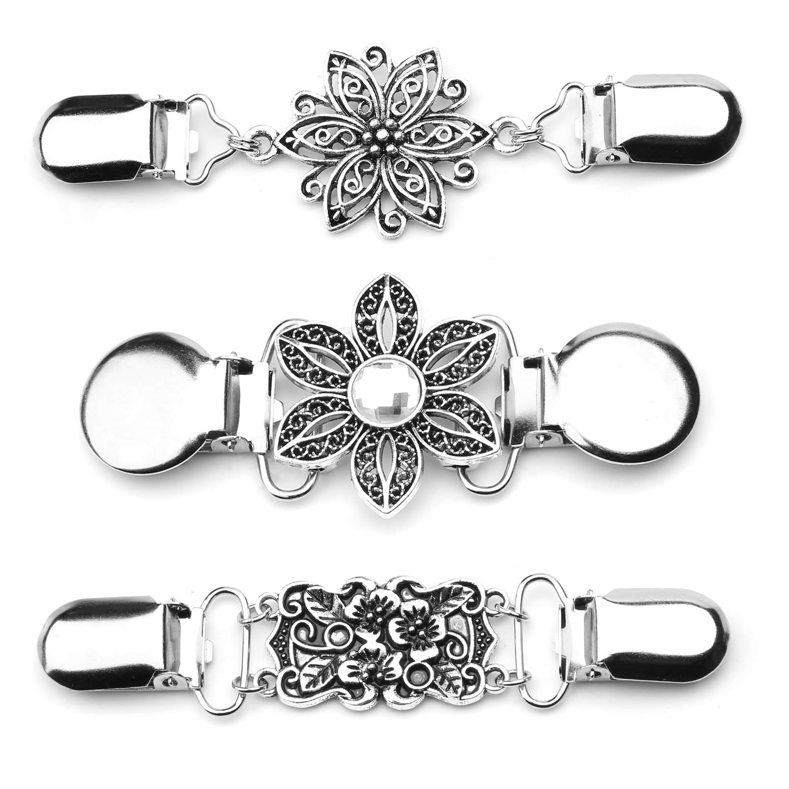 3 Pcs Siliver Woman Cardigan Clip Vintage Sweater Clips with Flowers Rhinestone ,Scarf Collar Metal Clip Sweater Chain Creative Silver Cardigan Clip for Blouse Cardigan Dresses Shawl Jacket